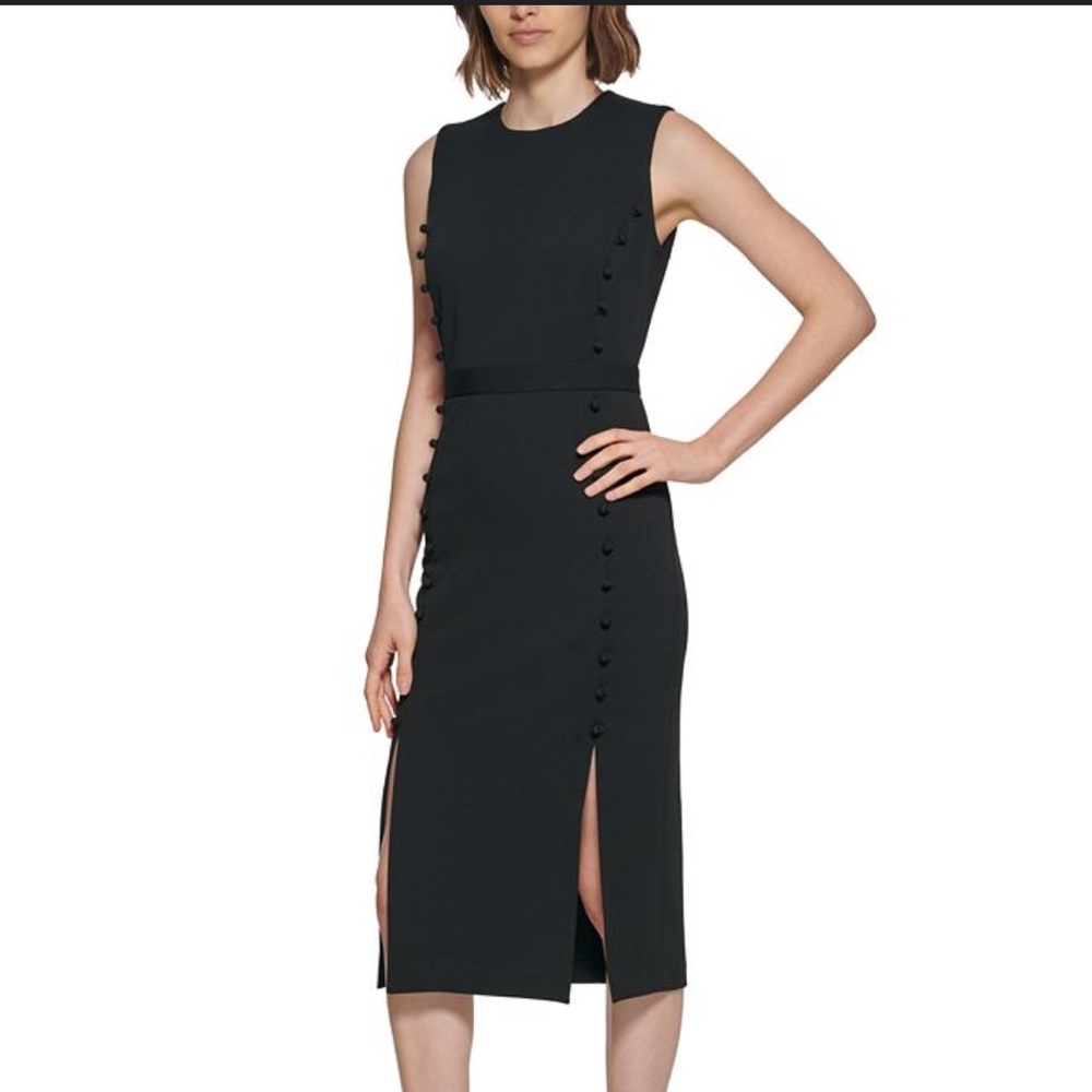 Calvin Klein Sheath Midi Dress Button-Trim Details Side-Slit Black Sz 10